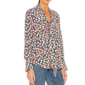 Equipment 100% Silk Haty Blouse Blue and Orange Floral Tie Neck Top • Size XS ⬇️